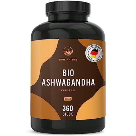 Bio Ashwagandha - 360 Kapseln (BIG PACK) 650mg pro Kapsel - Hochdosiert mit 2600mg pro Tagesdosis - Premium indische Bio Schlafbeere - Vegan, Laborgeprüft, Deutsche Produktion - TRUE NATURE®  