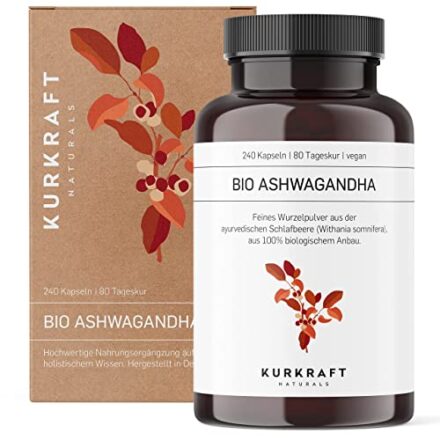 Kurkraft® Original Bio Ashwagandha (240 Kapseln mit je 660mg) - hochdosiert mit 1980mg je Tagesdosis - Echte indische Schlafbeere - vegan, laborgeprüft, deutsche Produktion  